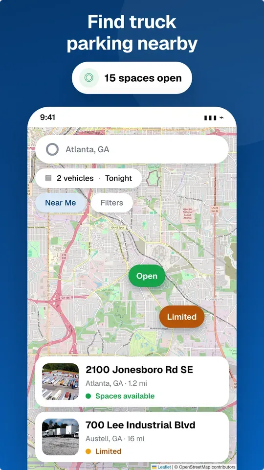 Map of nearby truck parking in Atlanta with fifteen spaces open