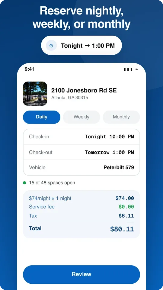 Booking screen with nightly, weekly and monthly rates and a total