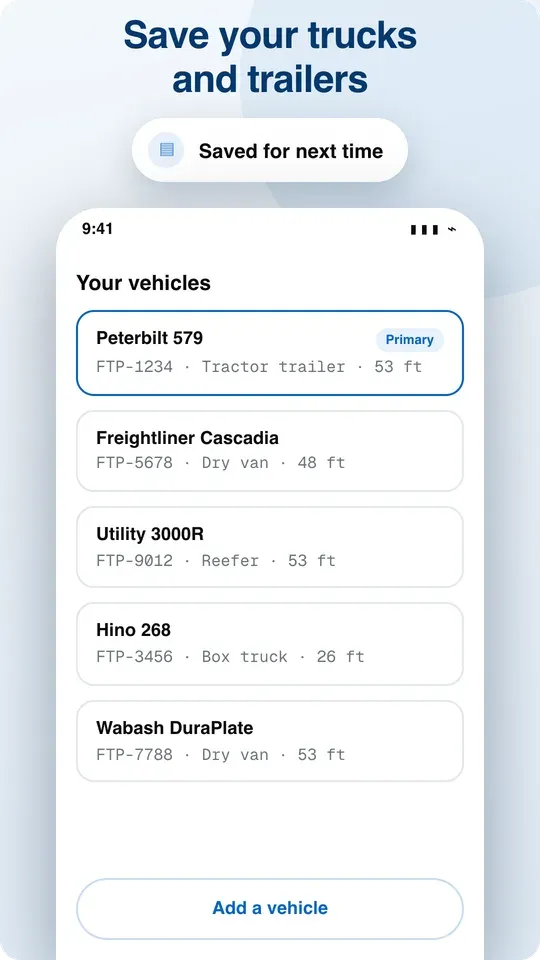 Saved vehicle list with tractors and trailers and their lengths