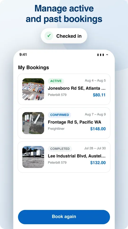 Bookings list showing active, confirmed and completed stays