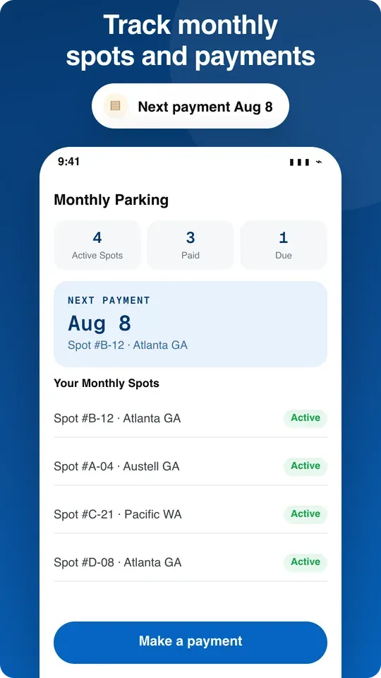 Monthly parking summary with the next payment date and active spots