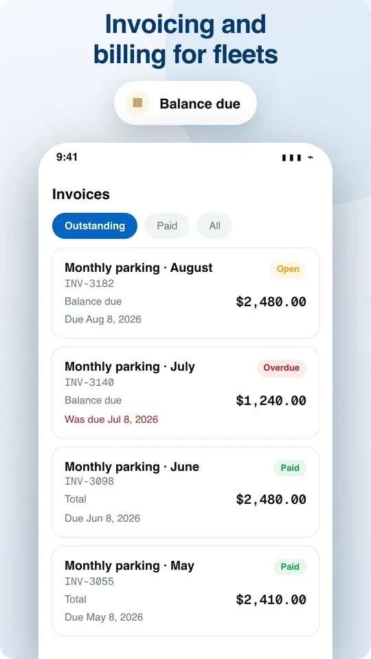 Invoice list showing outstanding, overdue and paid monthly invoices
