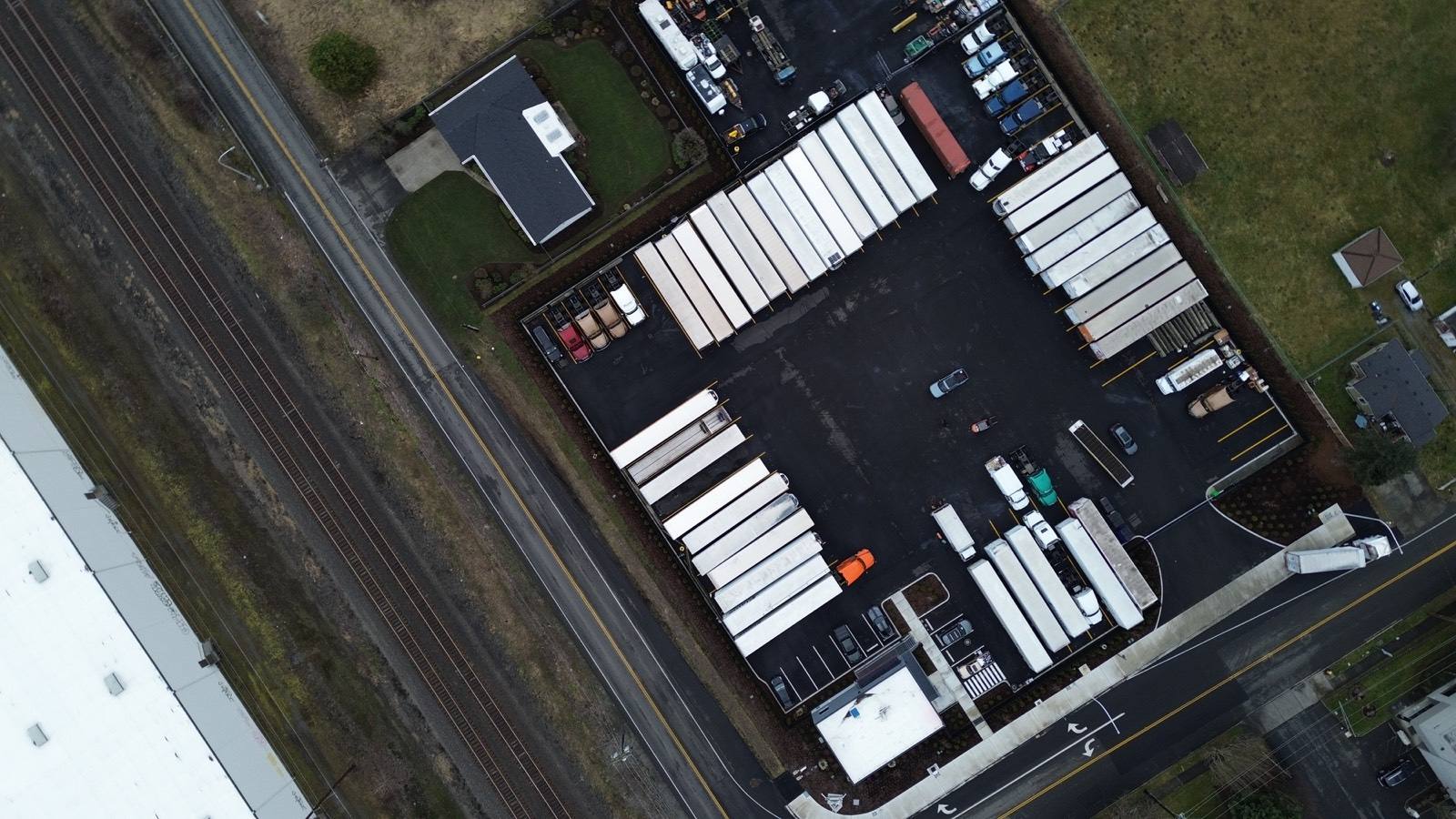 Drone photo of the Auburn, WA yard on 49th St NW, full of parked trailers